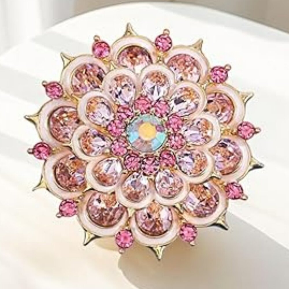 Stunning‎ Flower Brooch Gold with Pink Crystal Rhinestones